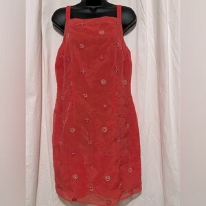 Dawn Joye Vintage Orange/Coral Strappy Embroidered Lined Midi Dress Sz 13/14